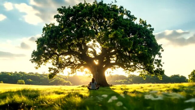 Person meditating peacefully under a large tree at sunset.