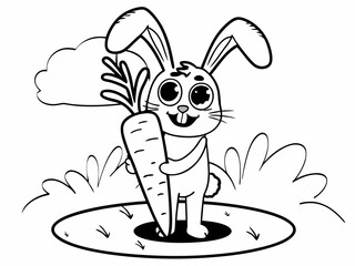 Cute cartoon bunny holding a large carrot in a garden with fluffy clouds above
