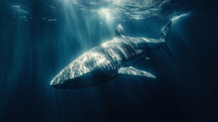 Fototapeta premium A powerful shark navigates through shimmering blue water beneath radiant beams
