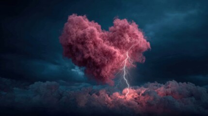 heart shaped cloud with lightning in dark sky, storm of emotions: love, passion, anger, rage and thunder