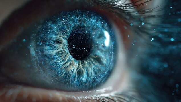 A close-up shot of a human eye, vibrant blue with intricate details and sparkling particles