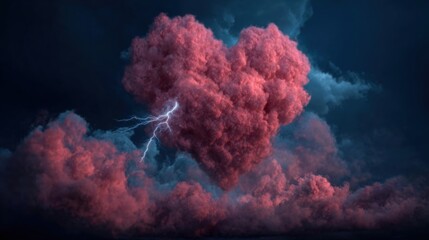 heart shaped cloud with lightning in dark sky, storm of emotions: love, passion, anger, rage and thunder