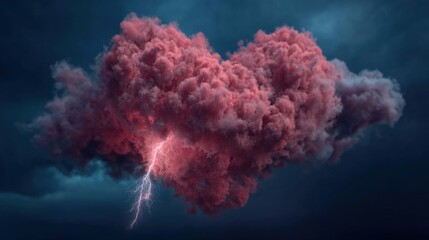 heart shaped cloud with lightning in dark sky, storm of emotions: love, passion, anger, rage and thunder