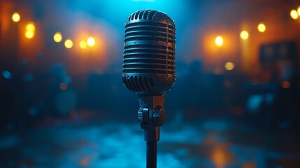 Classic microphone stands poised for a captivating musical performance in a warmly lit environment