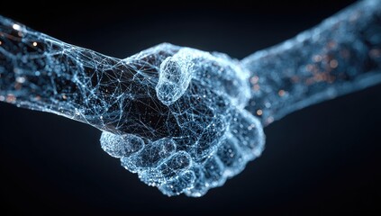 Digital handshake of two hands connected by lines and glowing dots on a black background