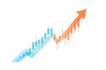 Growing financial market, up arrow charting investment success, rising stock price graph on transparent background