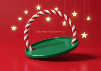 A festive christmas basket with a red and white striped handle and a green tray, surrounded by glowing stars on a red background