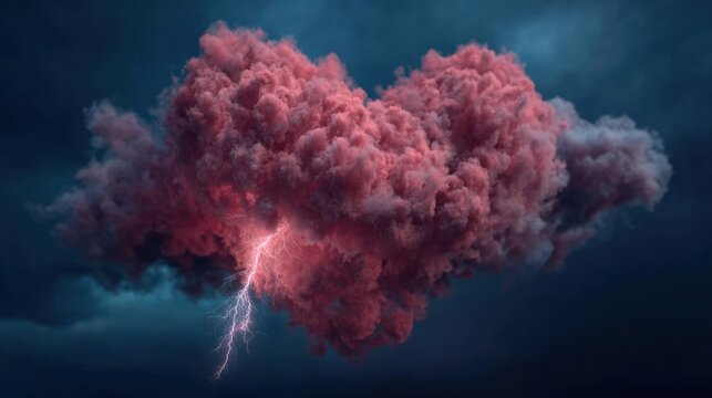 heart shaped cloud with lightning in dark sky, storm of emotions: love, passion, anger, rage and thunder