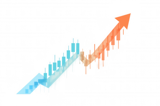 Growing financial market, up arrow charting investment success, rising stock price graph on transparent background