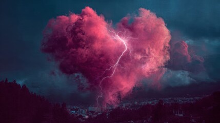 heart shaped cloud with lightning in dark sky, storm of emotions: love, passion, anger, rage and thunder