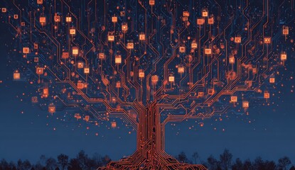 A digital rendering of a tree formed by circuit board lines & nodes in vibrant orange hues