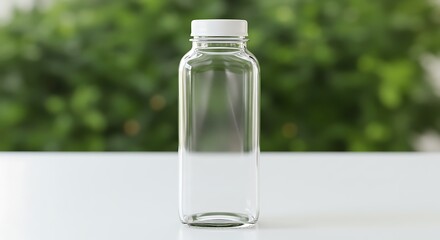 Clear glass bottle with white cap on a white surface with green blurred background for commercial usage and mockups
