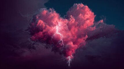 heart shaped cloud with lightning in dark sky, storm of emotions: love, passion, anger, rage and thunder