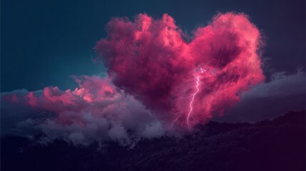 heart shaped cloud with lightning in dark sky, storm of emotions: love, passion, anger, rage and thunder
