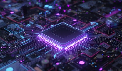 Close-up of a central processing unit (CPU) on a motherboard with glowing circuits
