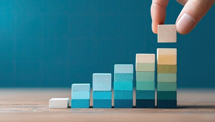 A hand places a wooden block atop a bar graph constructed of multi-colored square blocks