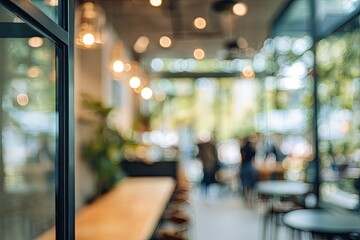 Interior view of a cafe with warm lighting, blurry background, and visible window framing