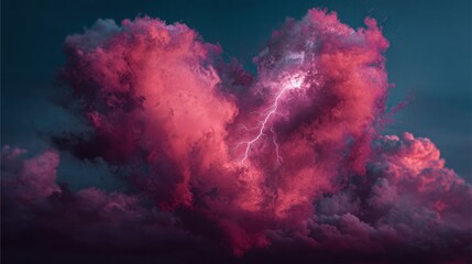heart shaped cloud with lightning in dark sky, storm of emotions: love, passion, anger, rage and thunder