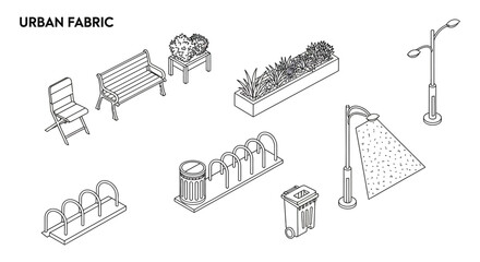 urban fabric illustrating street furniture elements like benches planters bike racks  bins for urban design mockups  promoting sustainable city living