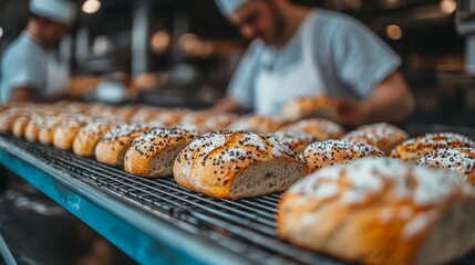 Warm bread rolls rest on a cooling rack while dedicated bakers skillfully craft other delightful pastries