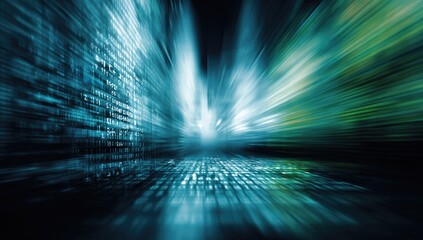 Abstract digital composition with binary code patterns, light bursts, and motion effects