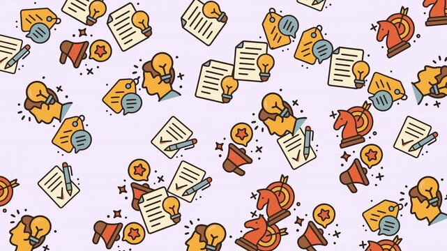 Creative business process animation with strategy, idea, and marketing icons on a seamless looping background