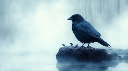 Fototapeta premium A raven stands on rocky ground, shrouded in mist with a tranquil water backdrop, evoking mystery
