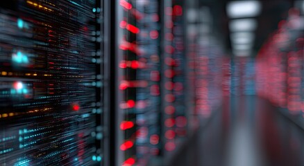 Inside a data center, rows of server racks illuminated with red and blue lights, depth of field