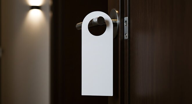 Blank white door hanger tag hanging on a dark wooden door handle for commercial usage and mockups