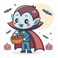 Fototapeta premium A cute cartoon vampire with a cape and basket full of treats stands in front of a full moon, surrounded by bats and pumpkins.