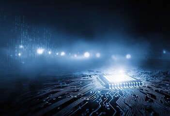Futuristic view of illuminated circuit board with CPU chip in a foggy, dark environment
