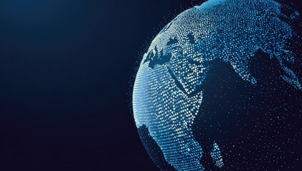 Digital globe illustration, composed of luminous dots, set against a deep blue backdrop