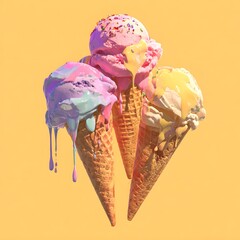 Bright colourful ice cream cones isolated on yellow