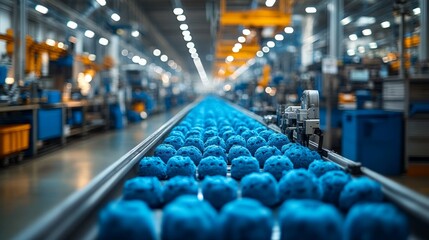 Fototapeta premium A bright blue assembly of items moves smoothly on a conveyor in a bustling high-tech factory