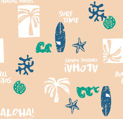 Summer seamless pattern design.Palm tree, surfboard, print. colorful yellow background	