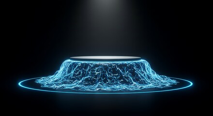 Futuristic glowing blue energy podium with light beam on black background for commercial usage and mockups
