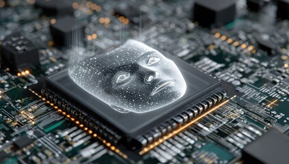 A futuristic concept showcasing a digital human face projected from a computer chip on a circuit board