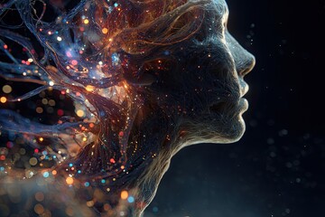 Fototapeta premium Profile portrait of a human-like entity with strands and sparkling lights emanating from the head