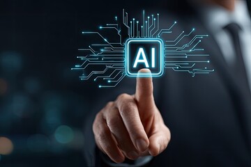 A person's finger touches a glowing digital "AI" chip, symbolizing technology and progress