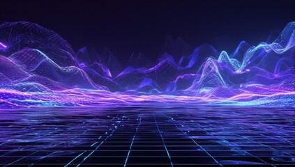 Digital abstract landscape, illuminated in blue and purple hues, showcasing a grid floor