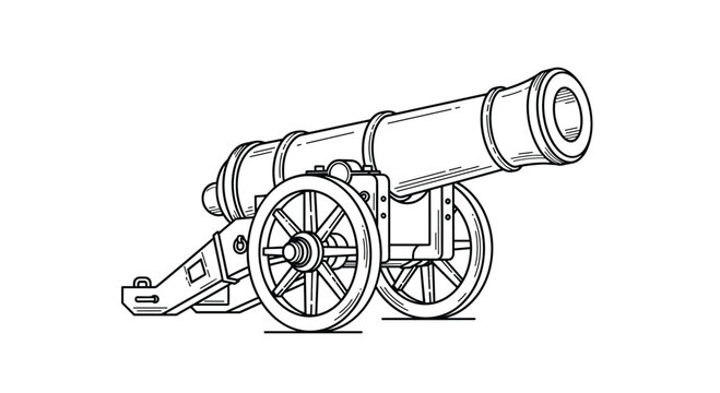 An illustration of an antique cannon with wheels and a long barrel.