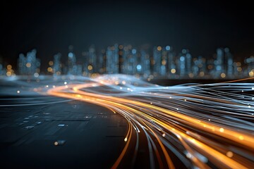 Abstract image featuring glowing data streams and a blurred cityscape in the background