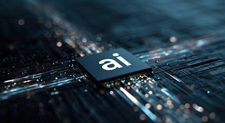 Macro shot of a processor chip with "ai" inscribed on it, surrounded by glowing data pathways