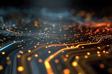 Abstract depiction of electronic circuits and glowing lights, with bokeh in background