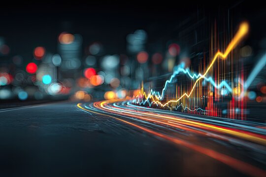 Abstract cityscape scene with blurred lights and data visualization overlay