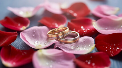 Two wedding rings intertwined on a bed of vibrant red and pink rose petals close-up