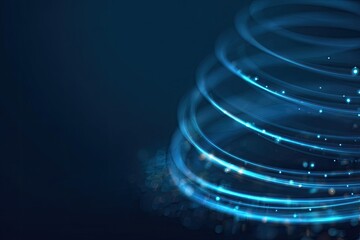 Abstract blue rings spiral upward with sparkling particles on a dark background