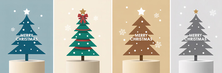 Four stylized christmas trees with merry christmas text and snowflakes, displayed in different colors against pastel backgrounds