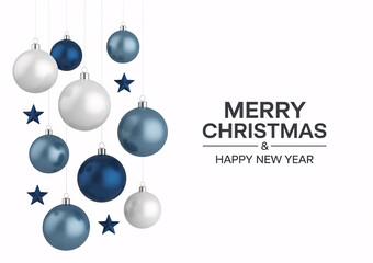Merry christmas and happy new year greeting with blue and white baubles and stars, isolated on white background