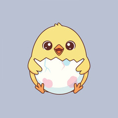 A cartoon-style illustration shows an adorable yellow chick emerging from a cracked egg, set against a soft lavender background, conveying innocence and charm.
